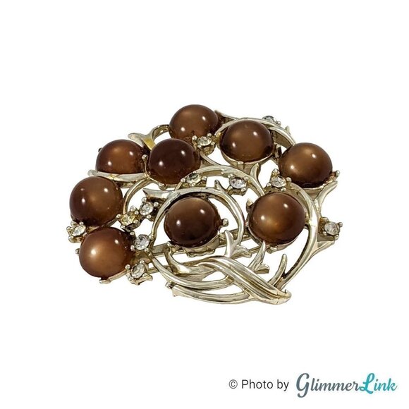 Vintage Coro Brown Lucite Moonstone Cabochons Rhinestones Gold Tone Brooch - Picture 5 of 9